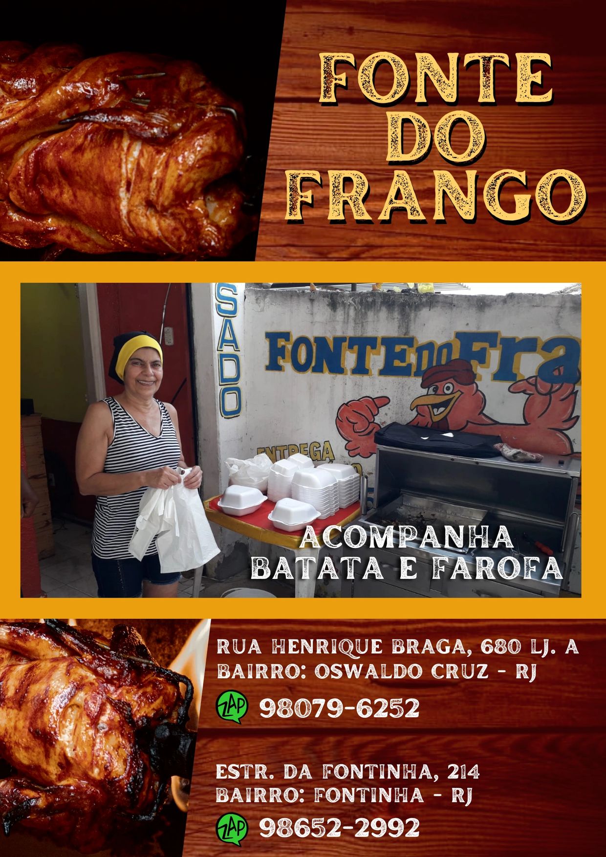 Anúncio de restaurante de frango assado com acompanhamentos e contatos.