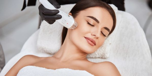 Woman receiving a facial treatment with a skincare device.