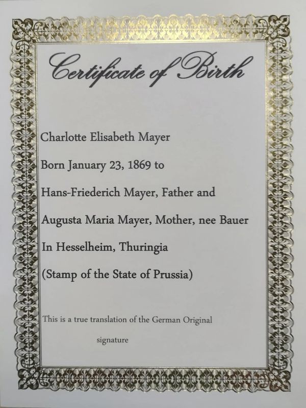 Birth certificate of Charlotte Elisabeth Mayer from 1869 in Thuringia, Prussia.