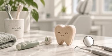 Dientes de juguete y cepillos de dientes en un baño.
