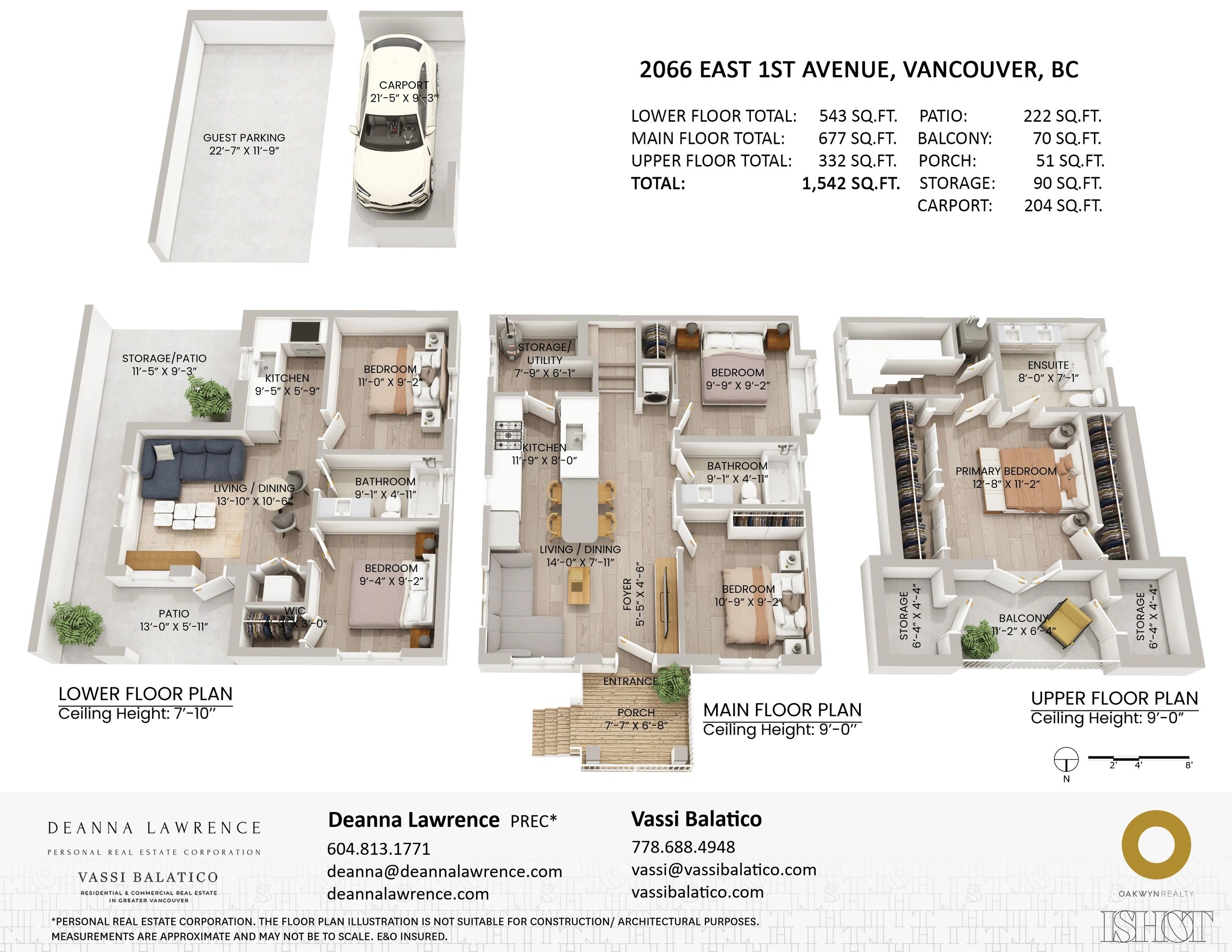 3D floor plan of a three-level house with dimensions and features.
