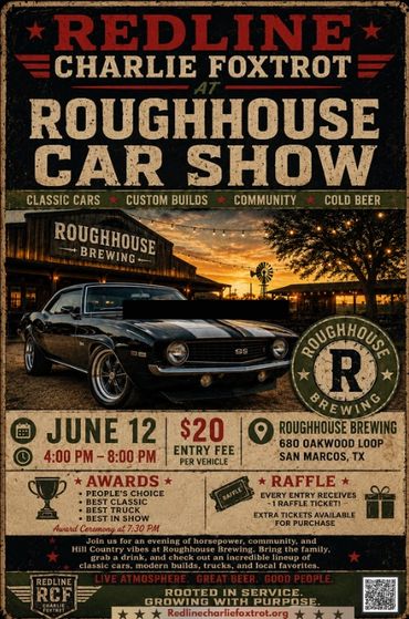 Vintage muscle car showcased at Roughhouse Brewing's car show event poster.