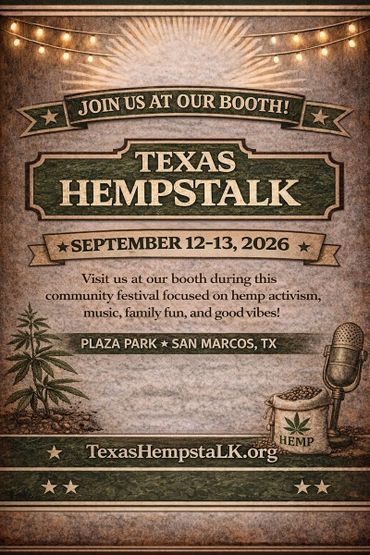 Flyer for Texas Hempstalk festival on September 12-13, 2026, in San Marcos, TX.