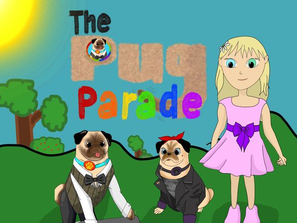 Pug parade logo with two pug characters and girl character