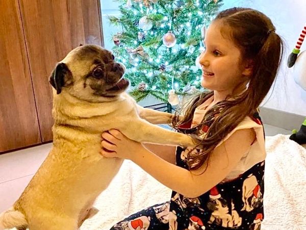 girl playing with a pug dog