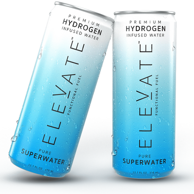 Two cans of Elevate hydrogen-infused water with blue gradient design.