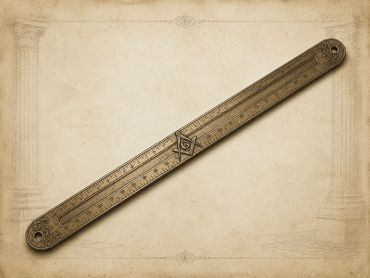 Vintage brass ruler with Masonic symbol on aged paper.