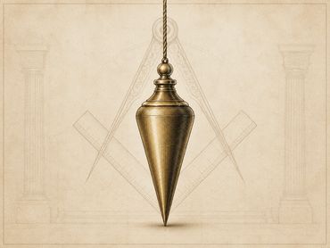 A brass plumb bob hanging in front of Masonic symbols.