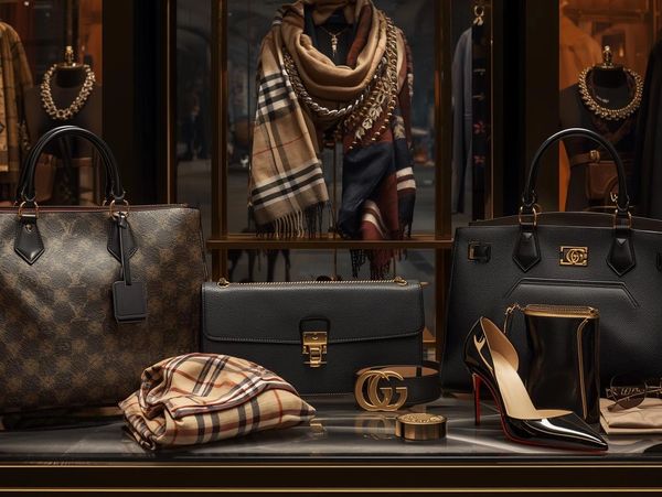 Luxury fashion accessories including handbags, shoes, scarves, and belts displayed elegantly.