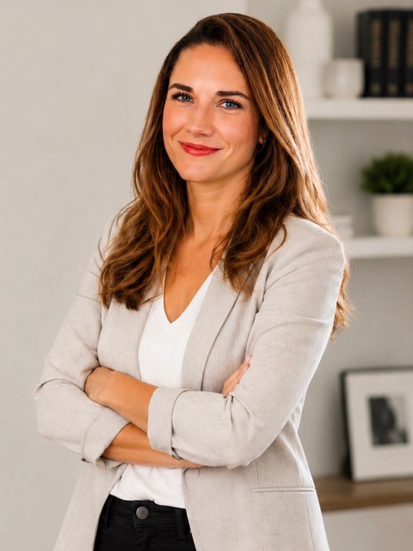 Confident woman in business casual attire smiling with arms crossed.