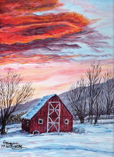 Winter, barn, trees, mountains