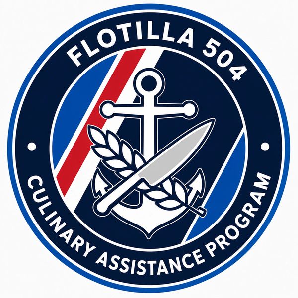 Logo for Flotilla 504 Culinary Assistance Program with anchor and knife.