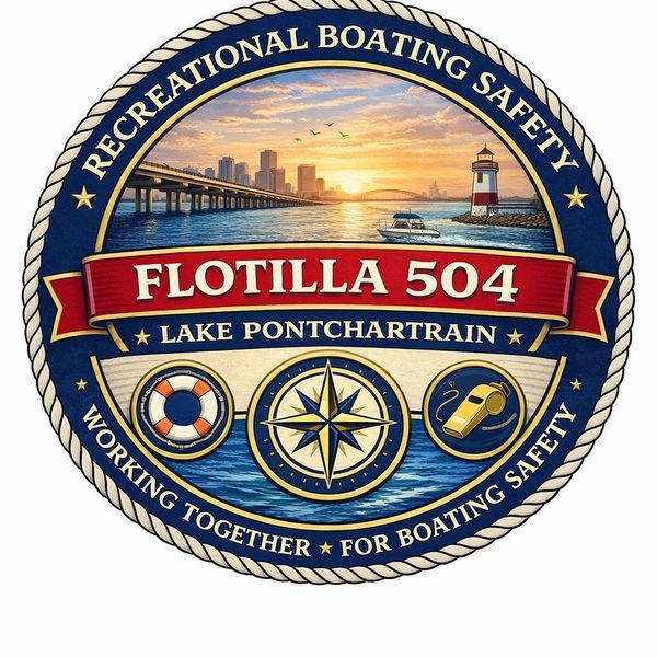 Badge for Flotilla 504 promoting boating safety on Lake Pontchartrain.