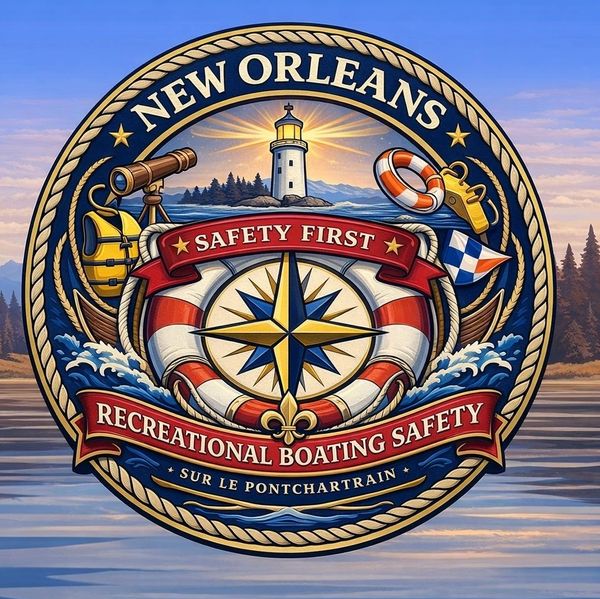 New Orleans emblem promoting recreational boating safety with a lighthouse and nautical symbols.