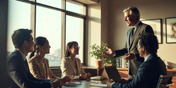 Business meeting with a confident leader addressing team members in a bright office.