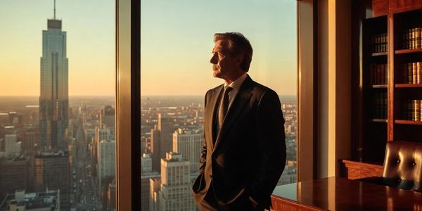 A man in a suit looks out a high-rise office window at sunset.