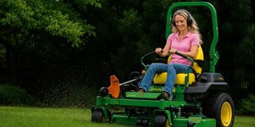 Woman mowing lawn with a green riding mower on a sunny day.