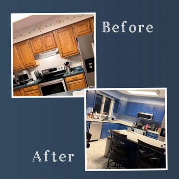 Kitchen makeover showing wooden cabinets replaced with blue ones.