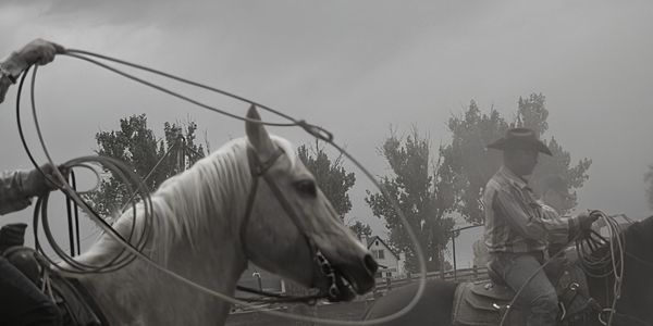 Two cowboys on horseback, one swinging a lasso, in a misty rural setting.