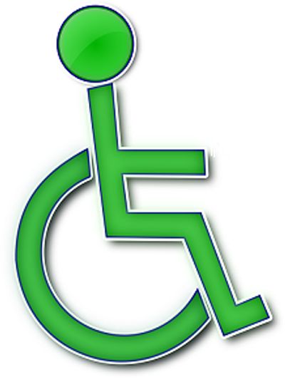 A green-colored disabled person symbol, a figure in wheelchair faces to the right. - ADA compliance