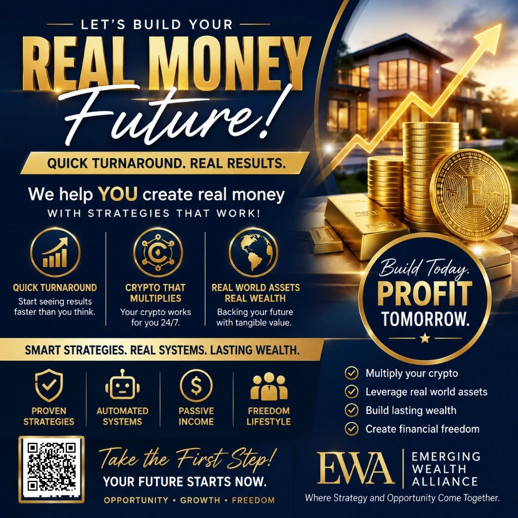 Financial growth advertisement promoting real money strategies and crypto investment.