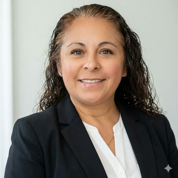 Professional woman with curly hair in a black blazer and white blouse.