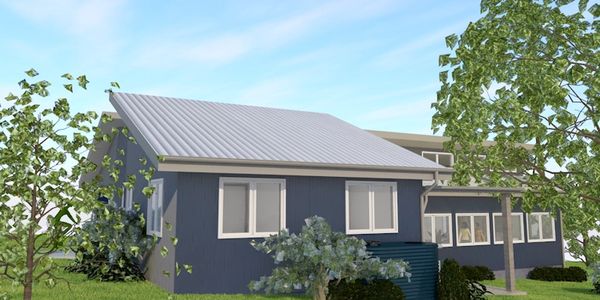 Weatherboard cottage with modern roof and energy efficient extension with high and low level windows