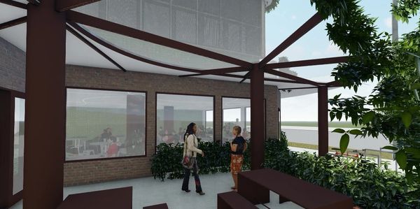 Outdoor covered courtyard shared between commercial and public space