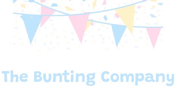 Colorful bunting flags with confetti and text.
