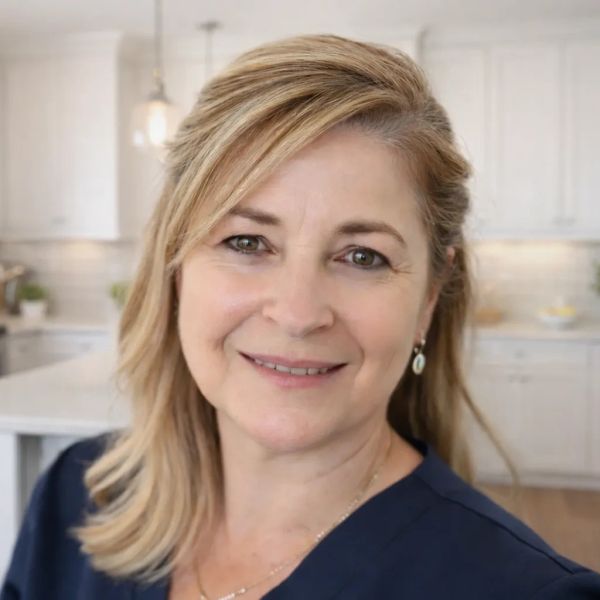 Smiling middle-aged woman in a kitchen.