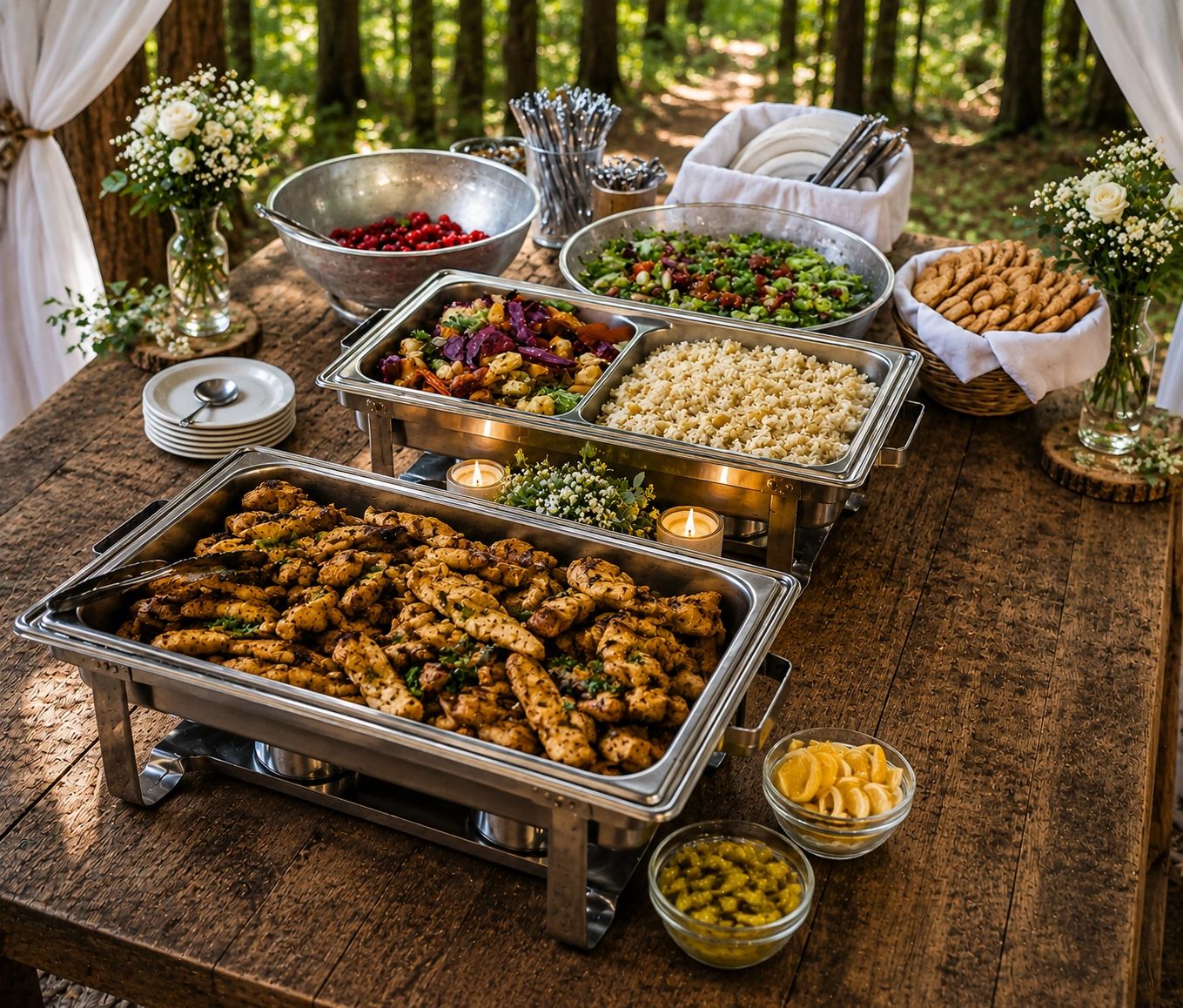 Elegant outdoor buffet with grilled chicken and assorted dishes.