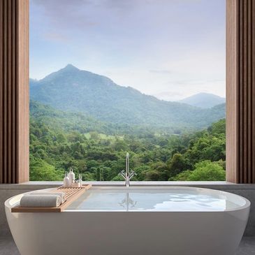 Tub filled with water in front of a picture window with a view of trees and mountains