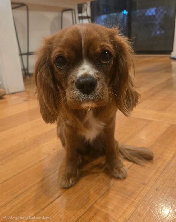 A small brown dog sitting on a wooden floor.