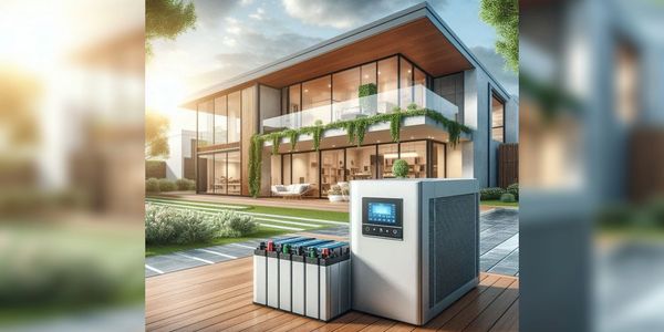 Modern house with a high-tech energy storage system on the deck.