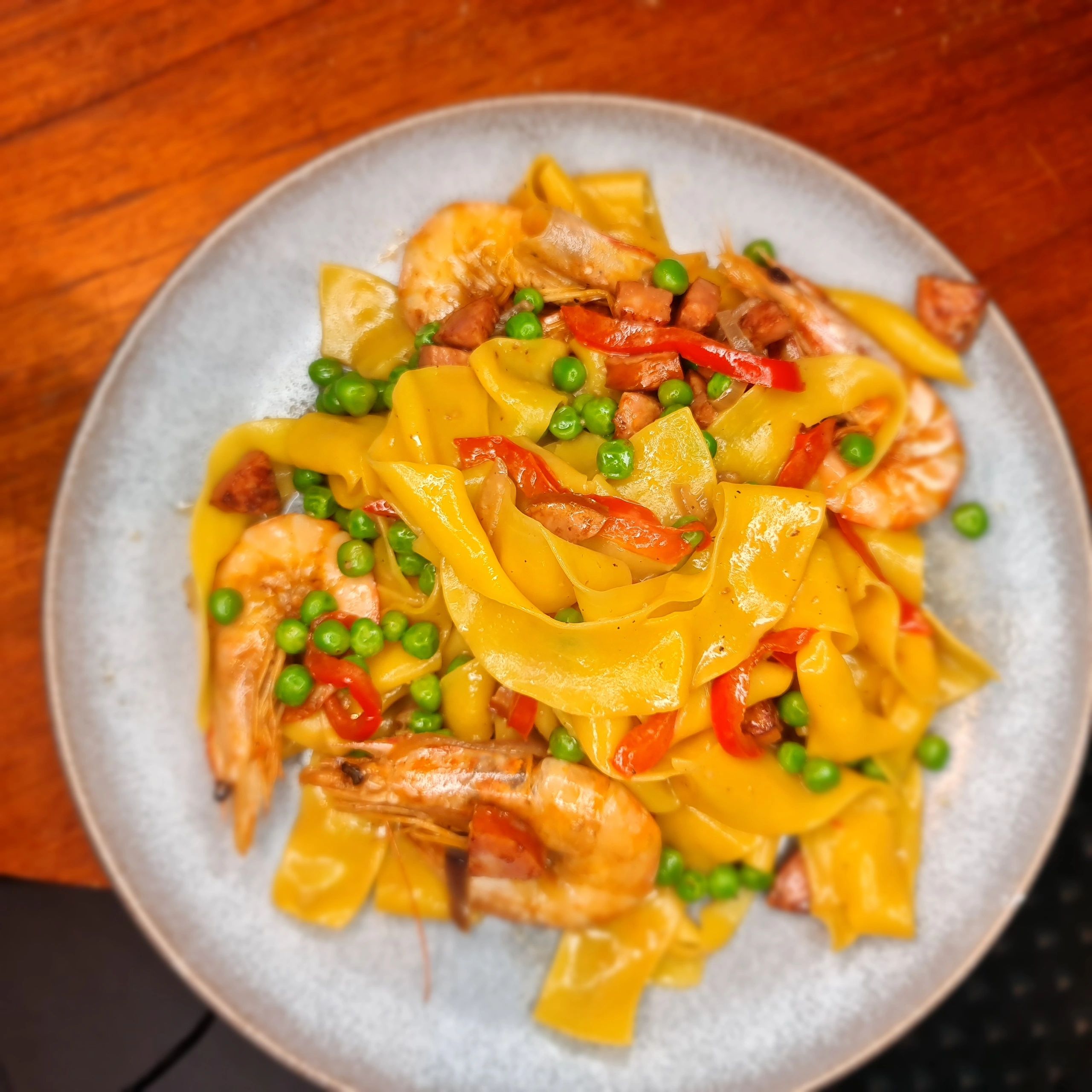 Saffron Pappardelle with Chorizo & Prawns
