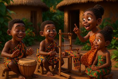 Four joyful children in colorful traditional attire engage in music and weaving outdoors.