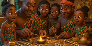 A joyful family crafts golden jewelry together in traditional attire.