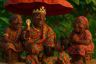 Animated king sharing a story with happy children and an adult in a lush, ancient setting.