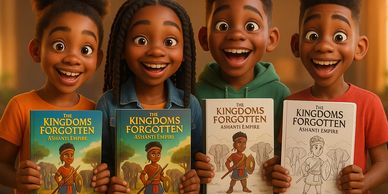 Four kids happily holding books titled 'The Kingdoms Forgotten Ashanti Empire'.