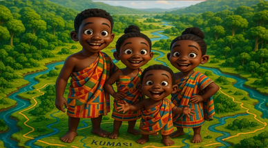 Four animated children dressed in colorful traditional attire stand happily in lush greenery.