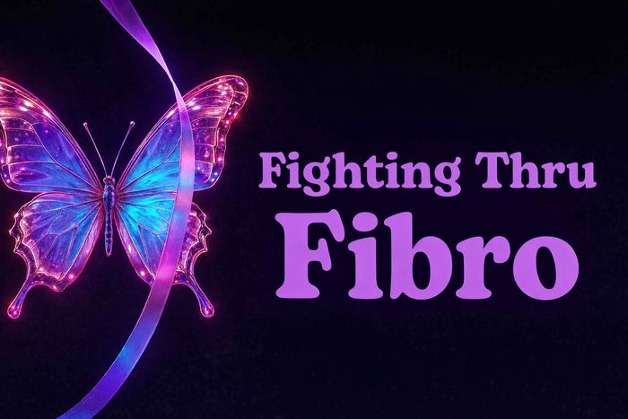 A glowing butterfly with the words 'Fighting Thru Fibro' in purple text.