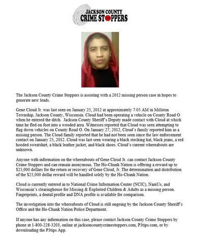 Photo and details of missing person Gene Cloud Jr. from Jackson County Crime Stoppers.