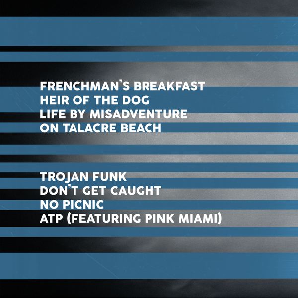 List of song titles in white text on a blue and gray striped background.