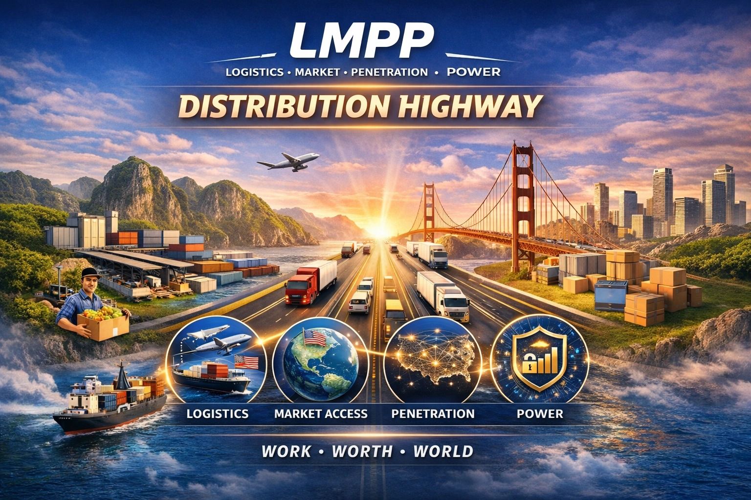 Distribution highway emphasizing logistics, market access, penetration, and power in global trade.