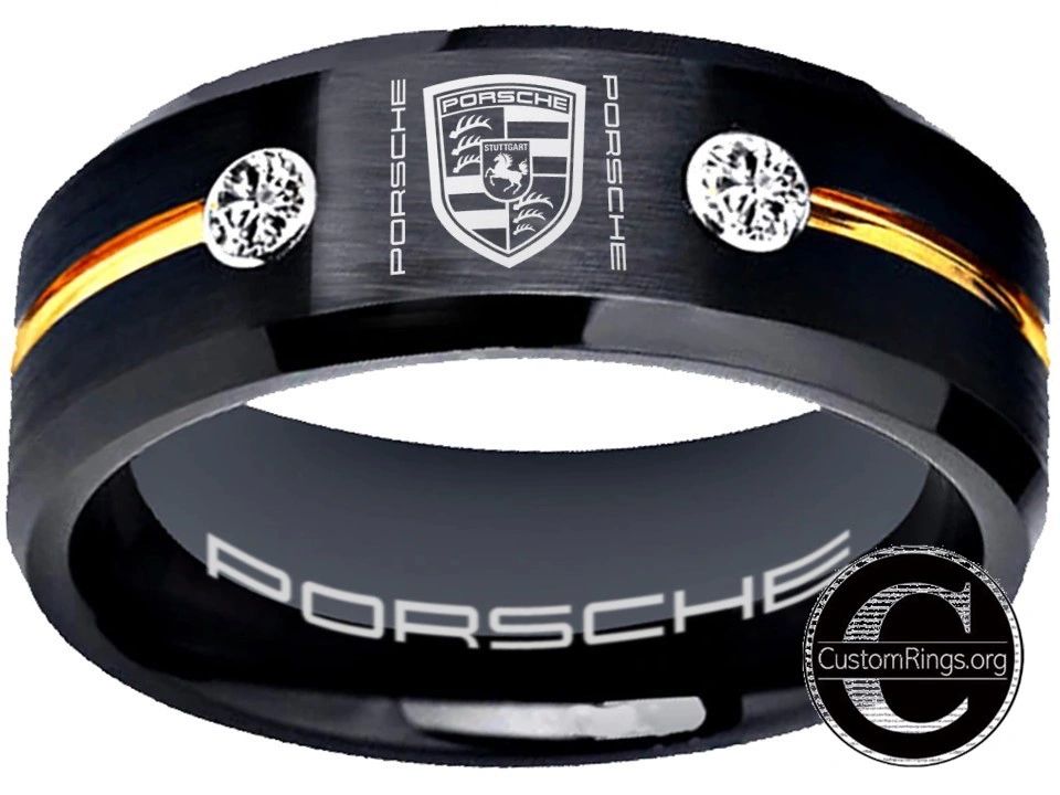 Porsche Ring Porsche 911 Ring 8mm Tungsten Black and Blue CZ Ring Sizes 6  -13