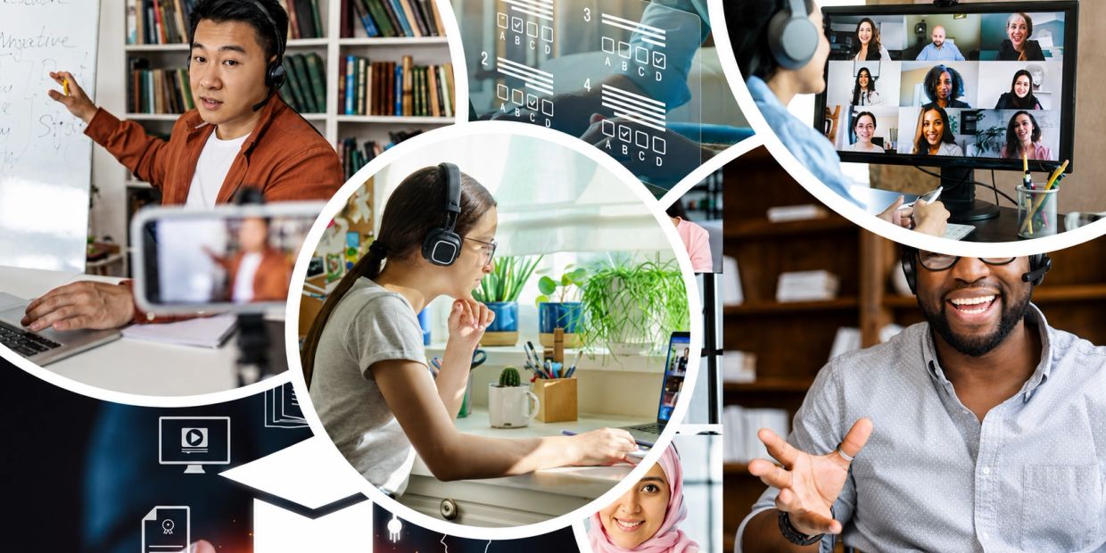 People engaged in online learning and virtual meetings.