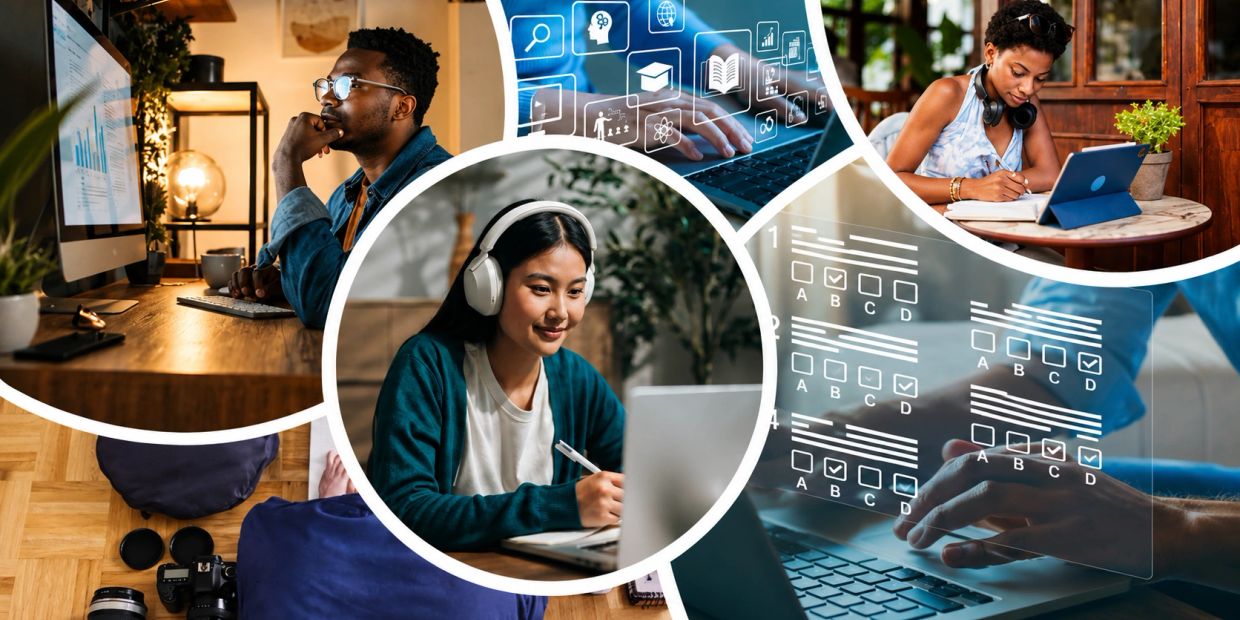 Collage of diverse people studying and working on laptops and tablets.