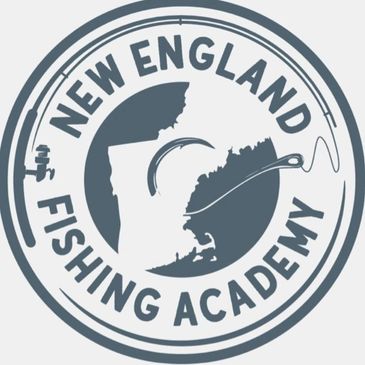 Logo of New England Fishing Academy with fishing rod and map design.
