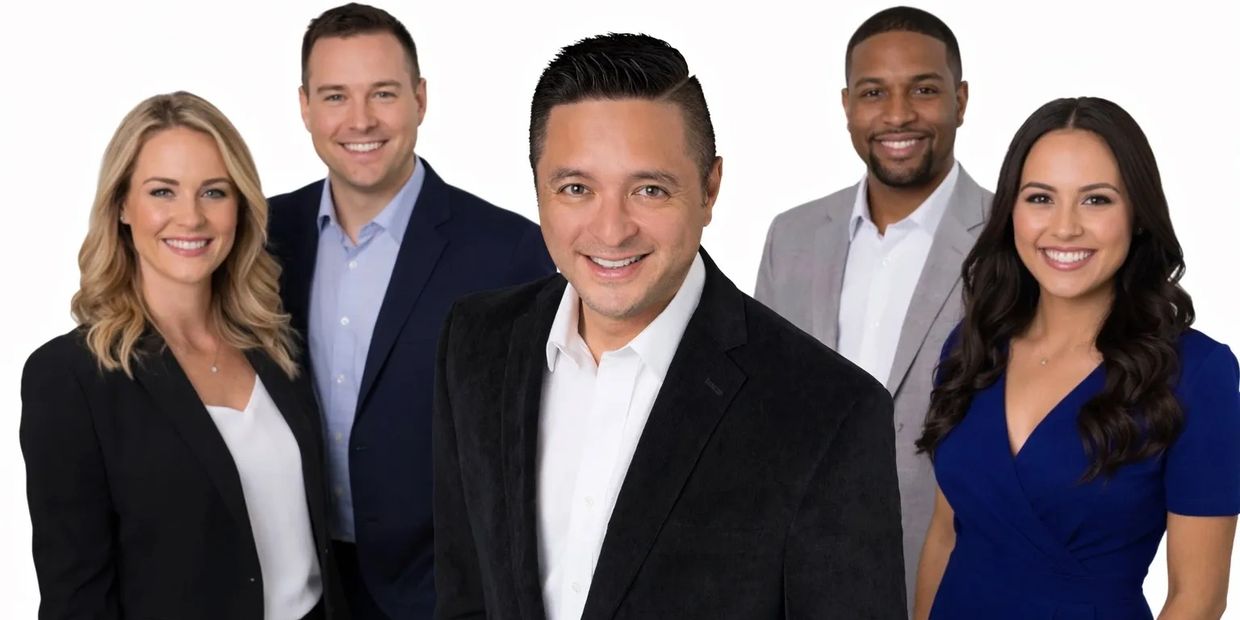 Professional diverse group of five adults smiling in business attire against white background.