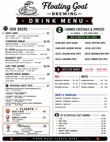 Floating Goat Brewing drink menu featuring beers, canned cocktails, wines, and soft drinks.